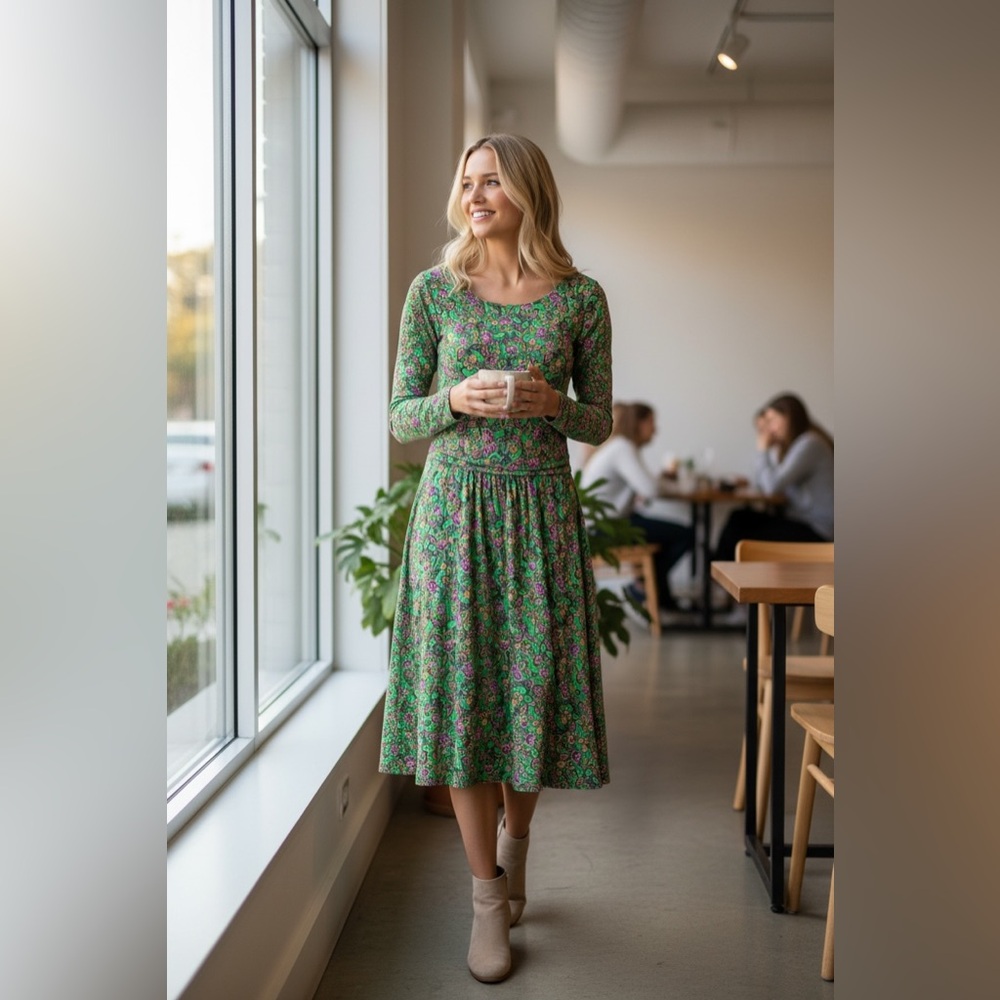 Boden Green, Pink, Yellow, Orange, Black Floral and Paisley Jersey midi dress